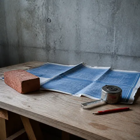 Ilustrație editorială: plan, cărămidă și ruletă pe masă de atelier
