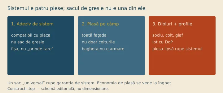 Schemă: sistemul de termosistem e adeziv plus plasă plus dibluri plus profile; sacul de gresie nu e componentă