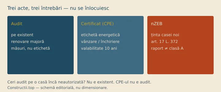 Schemă: auditul e pe existent, certificatul e etichetă, nZEB e ținta casei noi — trei acte, trei întrebări