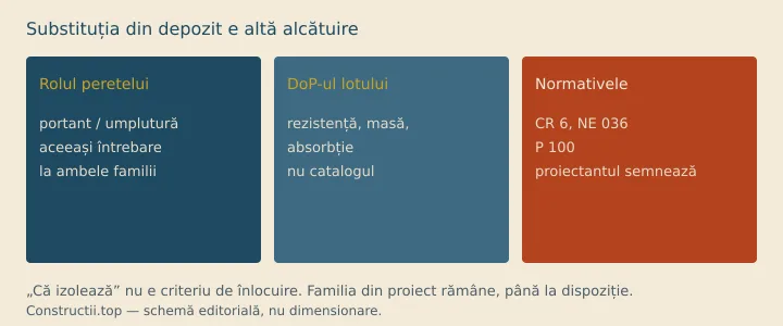 Compari rolul peretelui, nu „care izolează” Schemă: BCA și cărămida se compară pe rol, DoP și normative; substituția din depozit e altă alcătuire
