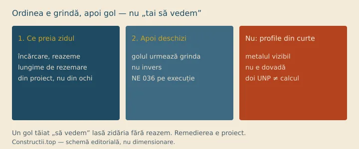 Mai întâi grinda, apoi golul Schemă: dimensionezi buiandrugul din proiect, apoi deschizi golul; tăierea „să vedem” lasă zidul fără reazem