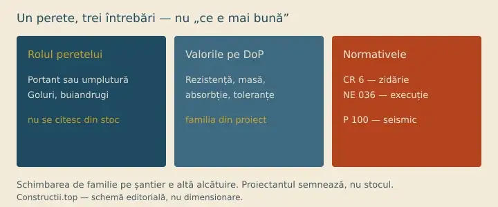 Un perete, trei întrebări — nu „ce e mai bună” Schemă: rolul peretelui (portant sau umplutură), valorile de pe DoP, normativele CR 6 și NE 036