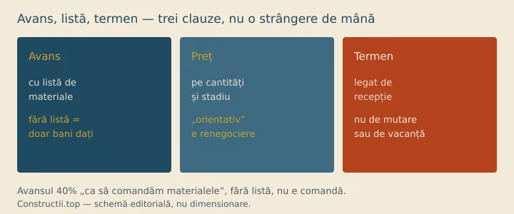 Avans, listă, termen — trei clauze, nu o strângere de mână Schemă: avans cu listă de materiale, preț pe cantități, termen legat de recepție