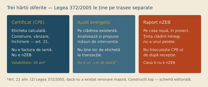 Schemă: certificat de performanță (etichetă), audit (măsuri pe existent), raport nZEB (țintă în proiect)