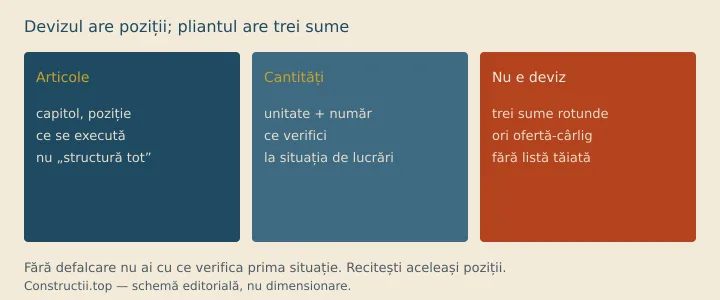 Schemă: articole, cantități și unități fac un deviz; o pagină cu trei sume e un pliant