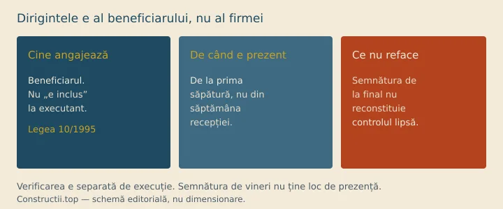 Schemă: dirigintele e angajat de beneficiar, prezent de la prima săpătură; semnătura de la final nu reface controlul