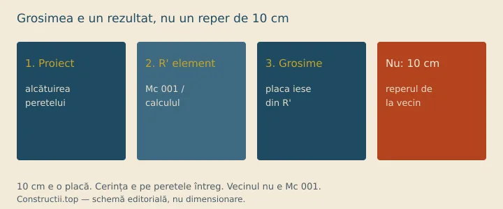Schemă: proiect → rezistența termică a elementului → grosimea plăcii; 10 cm e o placă, nu cerința