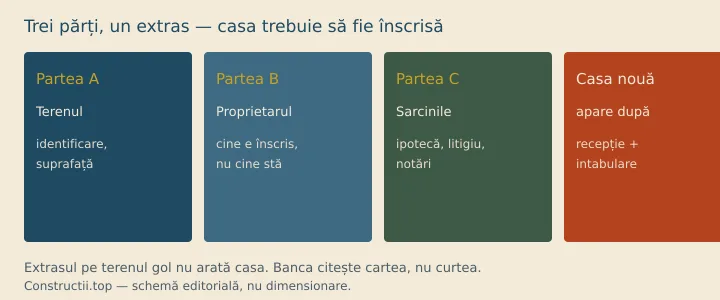 Schemă: partea A teren, B proprietar, C sarcini; casa nouă apare după recepție și intabulare