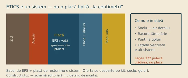 Schemă ETICS: zid, adeziv, placă, plasă și dibluri, tencuială — plus soclu și racord tâmplărie în afara stivei