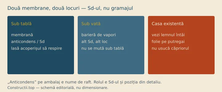 Schemă: membrana sub tablă nu e bariera de vapori de sub vată; Sd-ul e proprietatea, gramajul e greutatea rolei