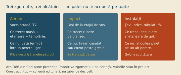 Schemă: zgomot aerian (masă și etanșare), impact (rupere pe planșeu), instalații (decuplare de gol)