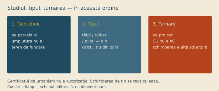 Schemă: studiu geotehnic pe parcelă → tipul fundației (tălpi, radier, piloți) → turnare pe proiect