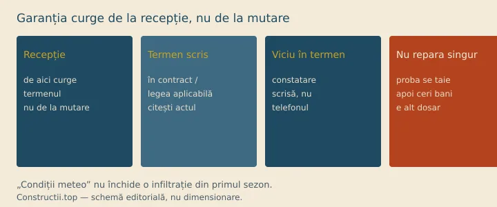 Schemă: recepție → termen scris → vicii în termen; reparația pe cont propriu taie proba