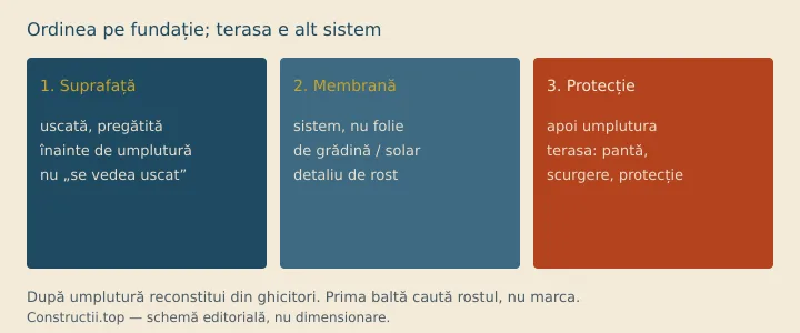 Schemă: suprafață pregătită → membrană → protecție → umplutură; terasa circulabilă nu e folie de grădină