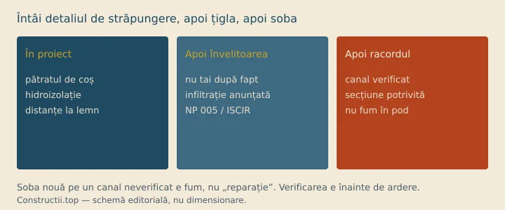 Schemă: detaliul de străpungere înainte de învelitoare; verificarea canalului înainte de racordul sobei