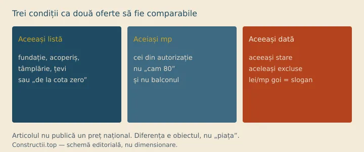 Schemă: aceeași listă de lucrări, aceiași metri pătrați, aceeași dată — lei/mp fără obiect nu se compară
