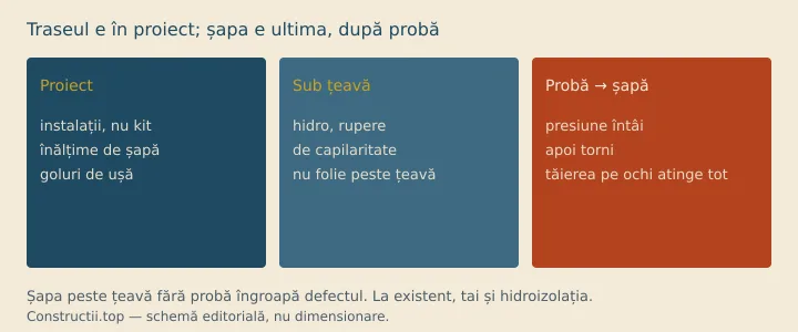 Schemă: proiect de instalații → hidroizolație → țeavă → probă de presiune → șapă; tăierea pe ochi atinge straturile de sub