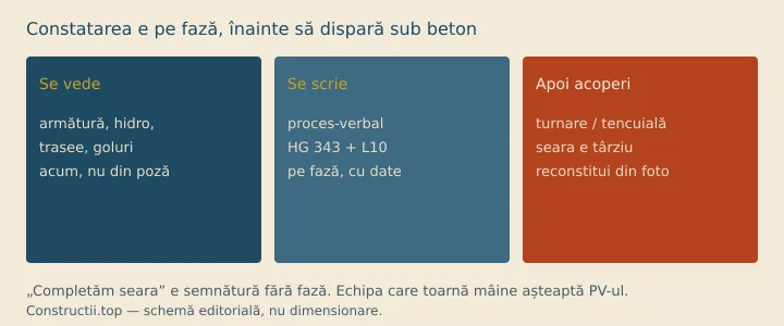 Schemă: armătură / hidro / trasee vizibile → proces-verbal → apoi turnare sau acoperire; seara e reconstituit
