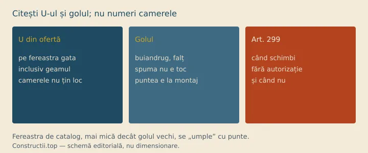 Schemă: valoarea U din ofertă, montajul în gol, falțul vechi; numărul de camere nu e performanța