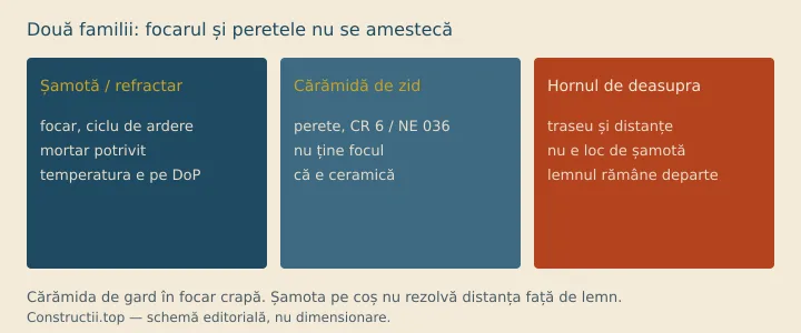 Schemă: cărămida de șamotă stă în focar; cărămida de zidărie stă în perete; nu se substituie