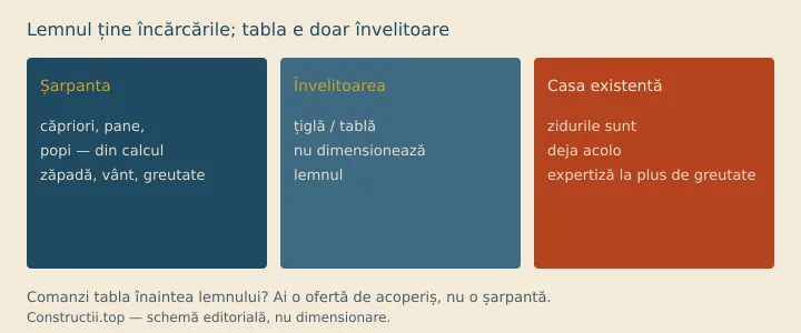 Șarpanta ține încărcările; tabla e învelitoare Schemă: încărcări pe șarpantă înainte de comanda de tablă; șarpanta nu e țigla și nu e membrana