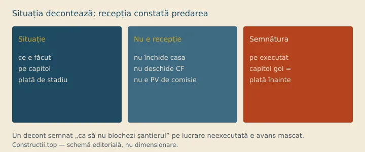 Schemă: situația de lucrări decontează ce e făcut; recepția constată predarea; nu sunt același act