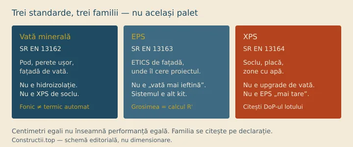 Schemă: vată SR EN 13162, EPS 13163, XPS 13164 — trei standarde, nu același palet