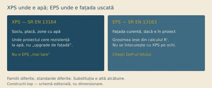 Schemă: XPS (SR EN 13164) la soclu, placă și zone umede; EPS (SR EN 13163) pe fațada curentă dacă proiectul o cere